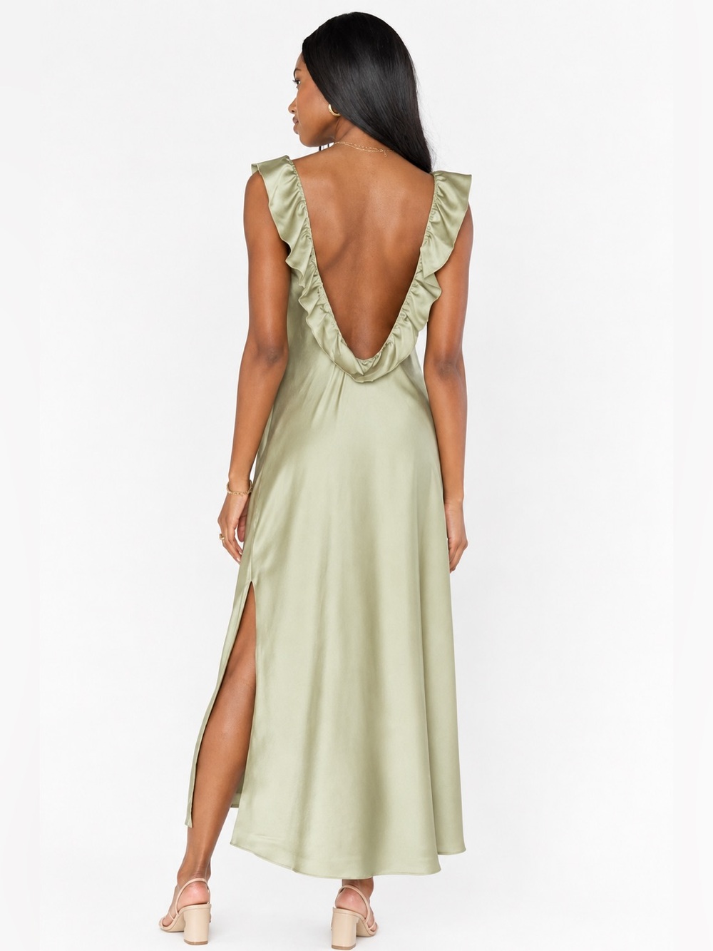 Show Me Your Mumu Serene Slip Dress Moss Green Luxe Satin Ruffle Midi Size XS - Picture 2 of 11